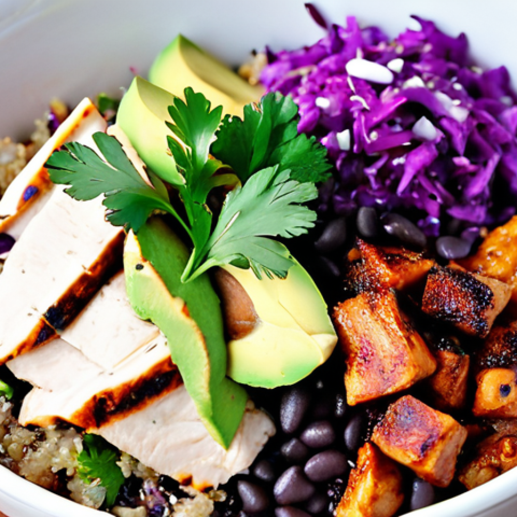 **
A vibrant fusion burrito bowl overflowing with colorful ingredients. The base is quinoa instead of rice. Visible are black beans, grilled chicken, diced avocado, shredded purple cabbage, and a yogurt-based cilantro-lime dressing. Sprinkled with fresh cilantro. Close-up, appetizing shot.
**
