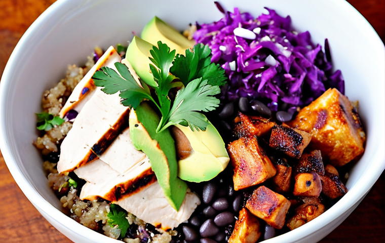 **
A vibrant fusion burrito bowl overflowing with colorful ingredients. The base is quinoa instead of rice. Visible are black beans, grilled chicken, diced avocado, shredded purple cabbage, and a yogurt-based cilantro-lime dressing. Sprinkled with fresh cilantro. Close-up, appetizing shot.
**