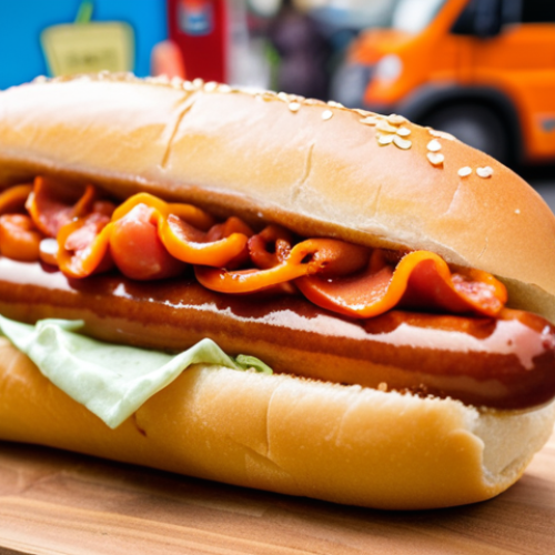 **

Prompt: "Close-up shot of a gourmet hot dog on a brioche bun, loaded with kimchi, gochujang mayo, and sesame seeds. Focus on the textures and vibrant colors of the toppings. Bokeh background with a trendy food truck in soft focus."

**