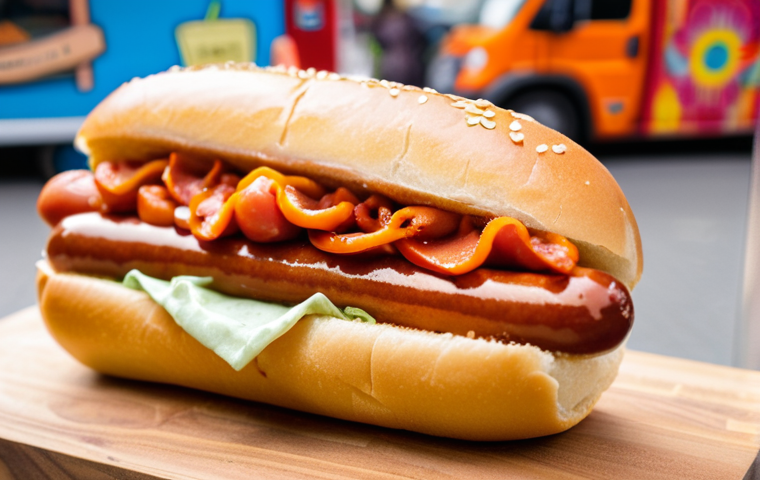 **

Prompt: "Close-up shot of a gourmet hot dog on a brioche bun, loaded with kimchi, gochujang mayo, and sesame seeds. Focus on the textures and vibrant colors of the toppings. Bokeh background with a trendy food truck in soft focus."

**