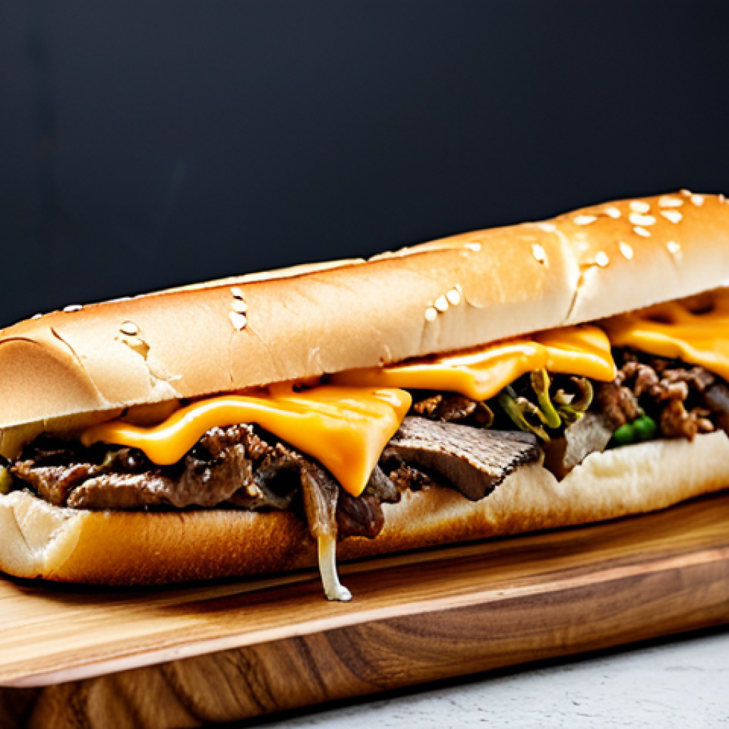 A gourmet Korean BBQ Cheesesteak sandwich, perfectly sliced, showcasing tender bulgogi beef, gooey melted cheddar cheese, and a light gochujang drizzle on a toasted hoagie roll. Presented on a rustic wooden board in a clean, modern kitchen setting. Professional food photography, warm studio lighting, appetizing, high quality, vibrant, delicious, safe for work, appropriate content, fully clothed, modest, family-friendly, perfect anatomy, correct proportions, natural pose.