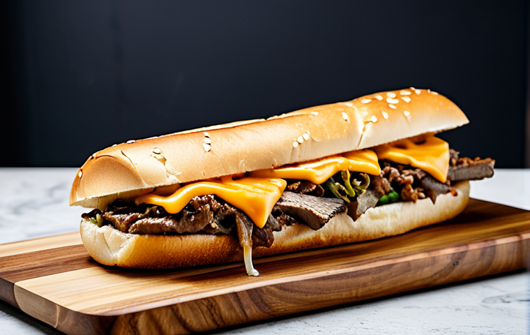 A gourmet Korean BBQ Cheesesteak sandwich, perfectly sliced, showcasing tender bulgogi beef, gooey melted cheddar cheese, and a light gochujang drizzle on a toasted hoagie roll. Presented on a rustic wooden board in a clean, modern kitchen setting. Professional food photography, warm studio lighting, appetizing, high quality, vibrant, delicious, safe for work, appropriate content, fully clothed, modest, family-friendly, perfect anatomy, correct proportions, natural pose.