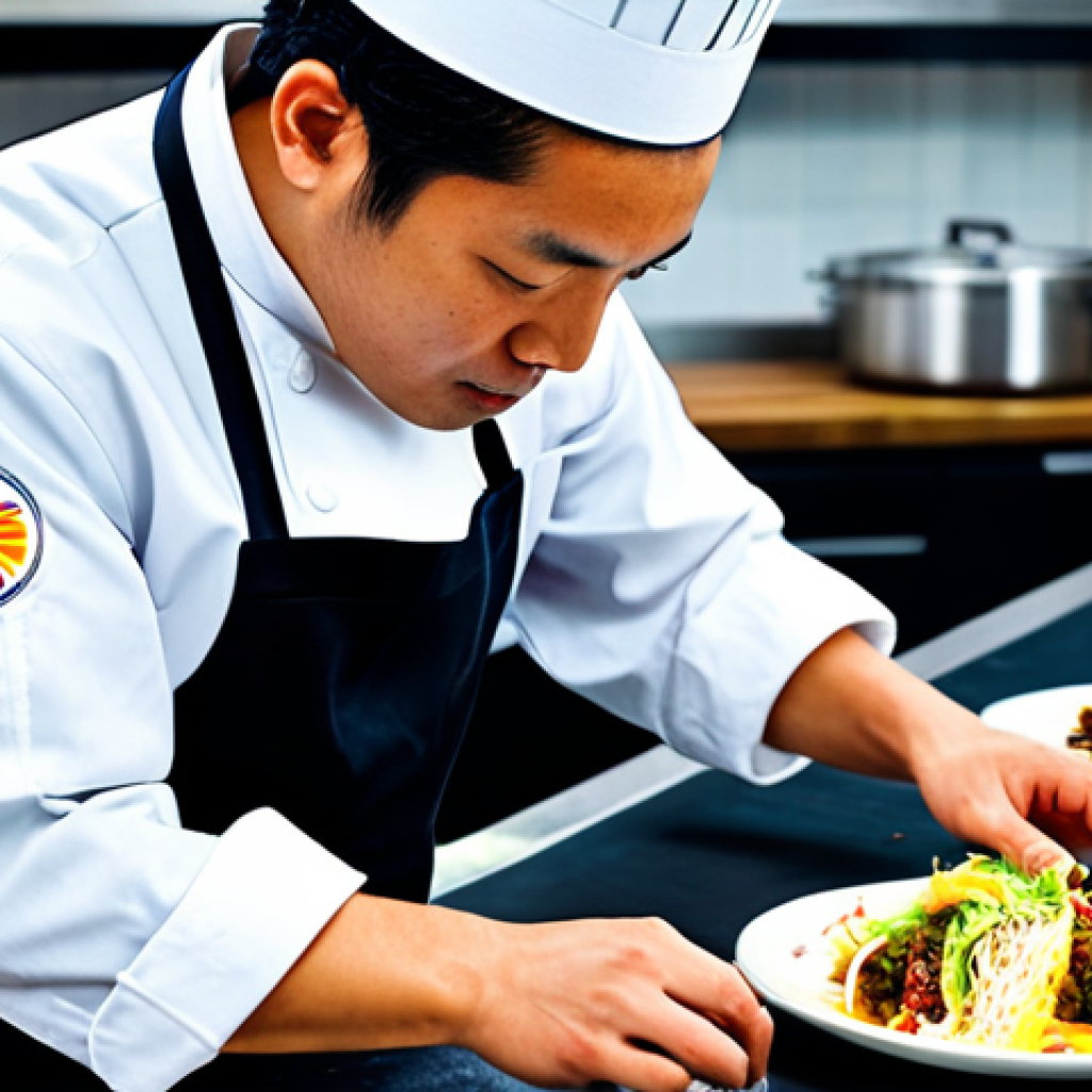 A professional chef, fully clothed in a clean, modest chef's jacket, meticulously assembling a vibrant fusion taco in a bright, modern professional kitchen. Various colorful, exotic ingredients like Korean short rib, pickled daikon radish, yuzu aioli, and tempura shrimp are artfully arranged on a clean countertop. The scene emphasizes culinary artistry and global inspiration, with natural light illuminating the fresh components. Perfect anatomy, correct proportions, natural pose, well-formed hands, proper finger count, natural body proportions, safe for work, appropriate content, fully clothed, professional, high-quality professional photography, ultra-detailed.