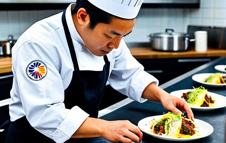 A professional chef, fully clothed in a clean, modest chef's jacket, meticulously assembling a vibrant fusion taco in a bright, modern professional kitchen. Various colorful, exotic ingredients like Korean short rib, pickled daikon radish, yuzu aioli, and tempura shrimp are artfully arranged on a clean countertop. The scene emphasizes culinary artistry and global inspiration, with natural light illuminating the fresh components. Perfect anatomy, correct proportions, natural pose, well-formed hands, proper finger count, natural body proportions, safe for work, appropriate content, fully clothed, professional, high-quality professional photography, ultra-detailed.
