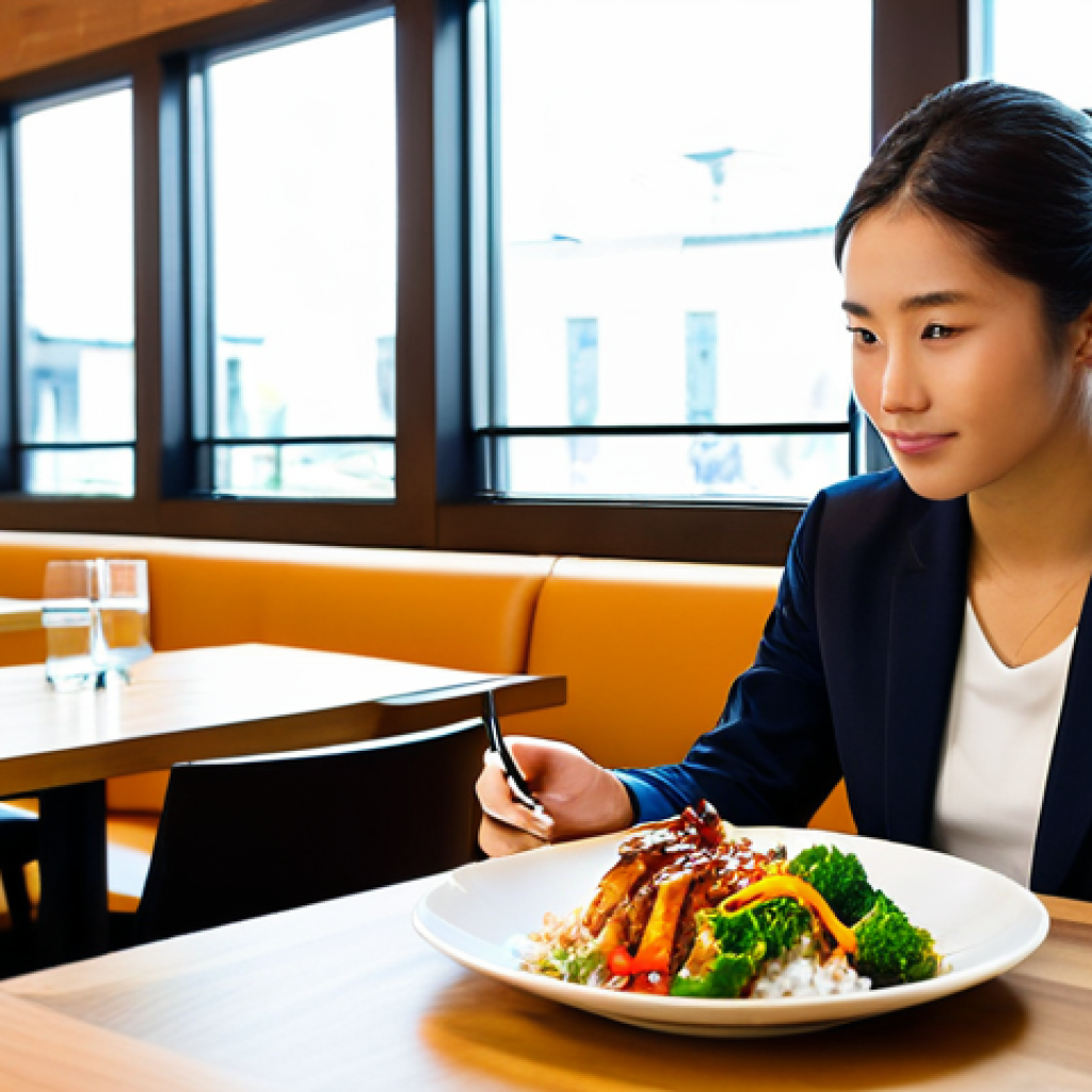 A professional young adult, fully clothed in a modest, smart-casual outfit, sits at a sleek wooden table in a contemporary, brightly lit restaurant. They look thoughtfully at a beautifully plated fusion chicken dish – a vibrant Teriyaki chicken bowl with colorful vegetables and rice. Their expression conveys a mix of appreciation for the flavor and a subtle analytical pondering about its nutritional content. The setting is clean and inviting, with natural light. perfect anatomy, correct proportions, natural pose, well-formed hands, proper finger count, natural body proportions, professional photography, high quality, safe for work, appropriate content, fully clothed, modest, family-friendly.