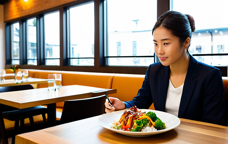 A professional young adult, fully clothed in a modest, smart-casual outfit, sits at a sleek wooden table in a contemporary, brightly lit restaurant. They look thoughtfully at a beautifully plated fusion chicken dish – a vibrant Teriyaki chicken bowl with colorful vegetables and rice. Their expression conveys a mix of appreciation for the flavor and a subtle analytical pondering about its nutritional content. The setting is clean and inviting, with natural light. perfect anatomy, correct proportions, natural pose, well-formed hands, proper finger count, natural body proportions, professional photography, high quality, safe for work, appropriate content, fully clothed, modest, family-friendly.
