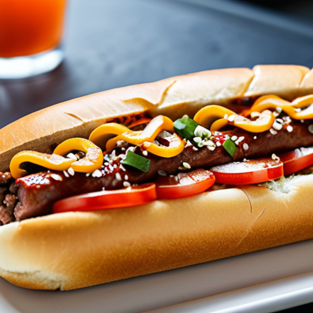 Korean BBQ Hot Dog**

"Close-up shot of a Korean BBQ hot dog. An all-beef frank is nestled in a toasted brioche bun, topped with vibrant kimchi, a drizzle of gochujang mayo, toasted sesame seeds, and thinly sliced bulgogi. The background is blurred, with a hint of a modern food truck. Focus is on the textures and colors of the toppings. High-resolution, food photography, appetizing, vibrant, delicious, gourmet hot dog."

**