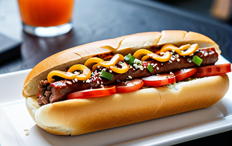 Korean BBQ Hot Dog**
"Close-up shot of a Korean BBQ hot dog. An all-beef frank is nestled in a toasted brioche bun, topped with vibrant kimchi, a drizzle of gochujang mayo, toasted sesame seeds, and thinly sliced bulgogi. The background is blurred, with a hint of a modern food truck. Focus is on the textures and colors of the toppings. High-resolution, food photography, appetizing, vibrant, delicious, gourmet hot dog."
**