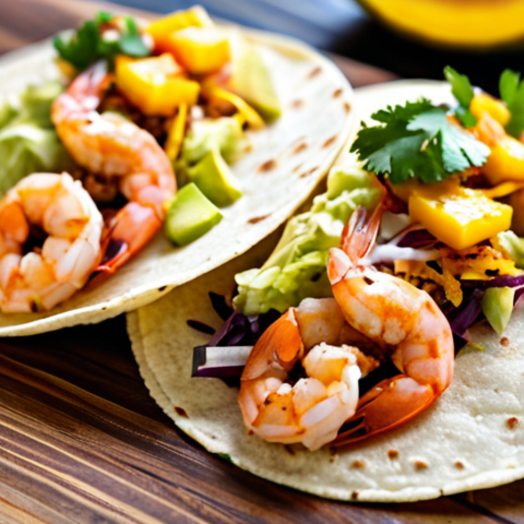 Vibrant Shrimp Tacos**
"Close-up shot of delicious shrimp tacos on a rustic wooden table, fully clothed, appropriate content, safe for work. The tacos are overflowing with grilled shrimp, a citrusy cabbage slaw, and a drizzle of lime crema. A bright mango salsa is visible in the background. Focus on fresh ingredients and vibrant colors. Professional food photography, perfect anatomy (shrimp), natural proportions, high quality, professional, modest, family-friendly."
**