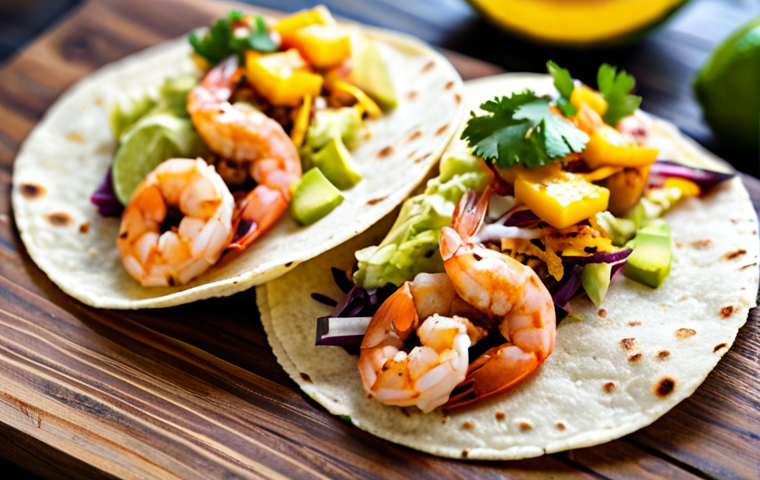 Vibrant Shrimp Tacos**

"Close-up shot of delicious shrimp tacos on a rustic wooden table, fully clothed, appropriate content, safe for work. The tacos are overflowing with grilled shrimp, a citrusy cabbage slaw, and a drizzle of lime crema. A bright mango salsa is visible in the background. Focus on fresh ingredients and vibrant colors. Professional food photography, perfect anatomy (shrimp), natural proportions, high quality, professional, modest, family-friendly."

**