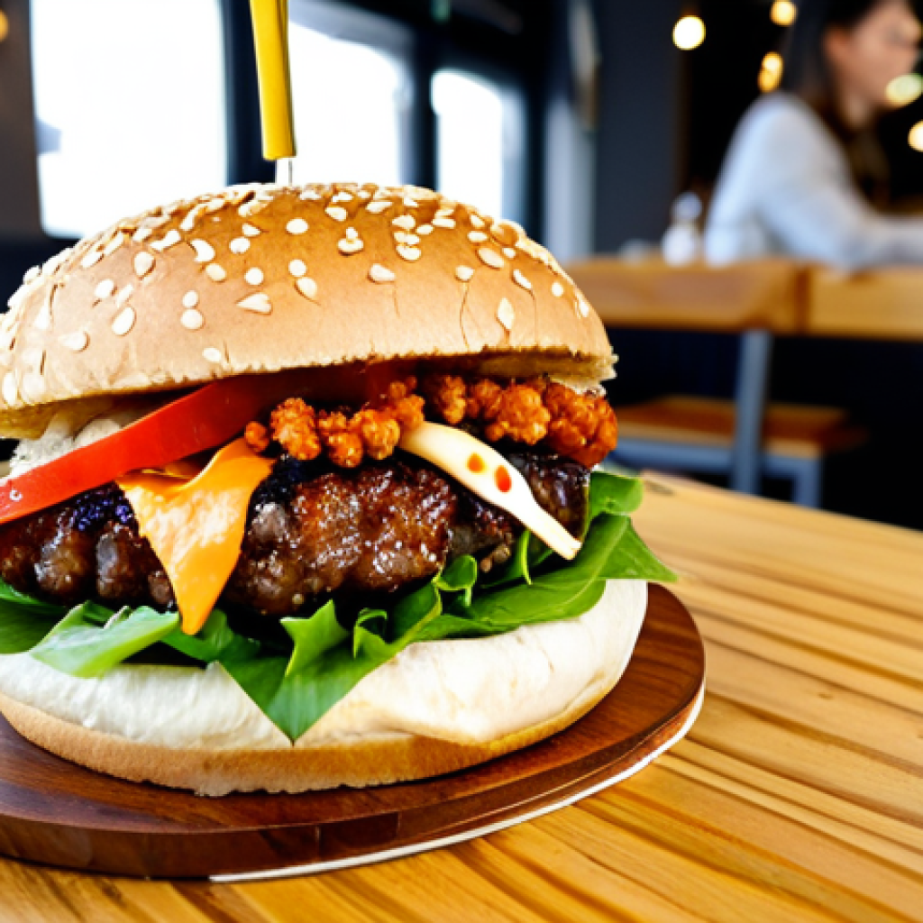 **
"A vibrant and appetizing plant-based Korean BBQ Beyond Burger with kimchi slaw and gochujang mayo on a sesame seed bun, served on a wooden board in a modern restaurant setting, surrounded by other fusion fast food items. Fully clothed customers are visible in the blurred background. Safe for work, appropriate content, fully clothed, professional food photography, perfect anatomy, natural proportions, high quality, family-friendly, well-formed burger."
**