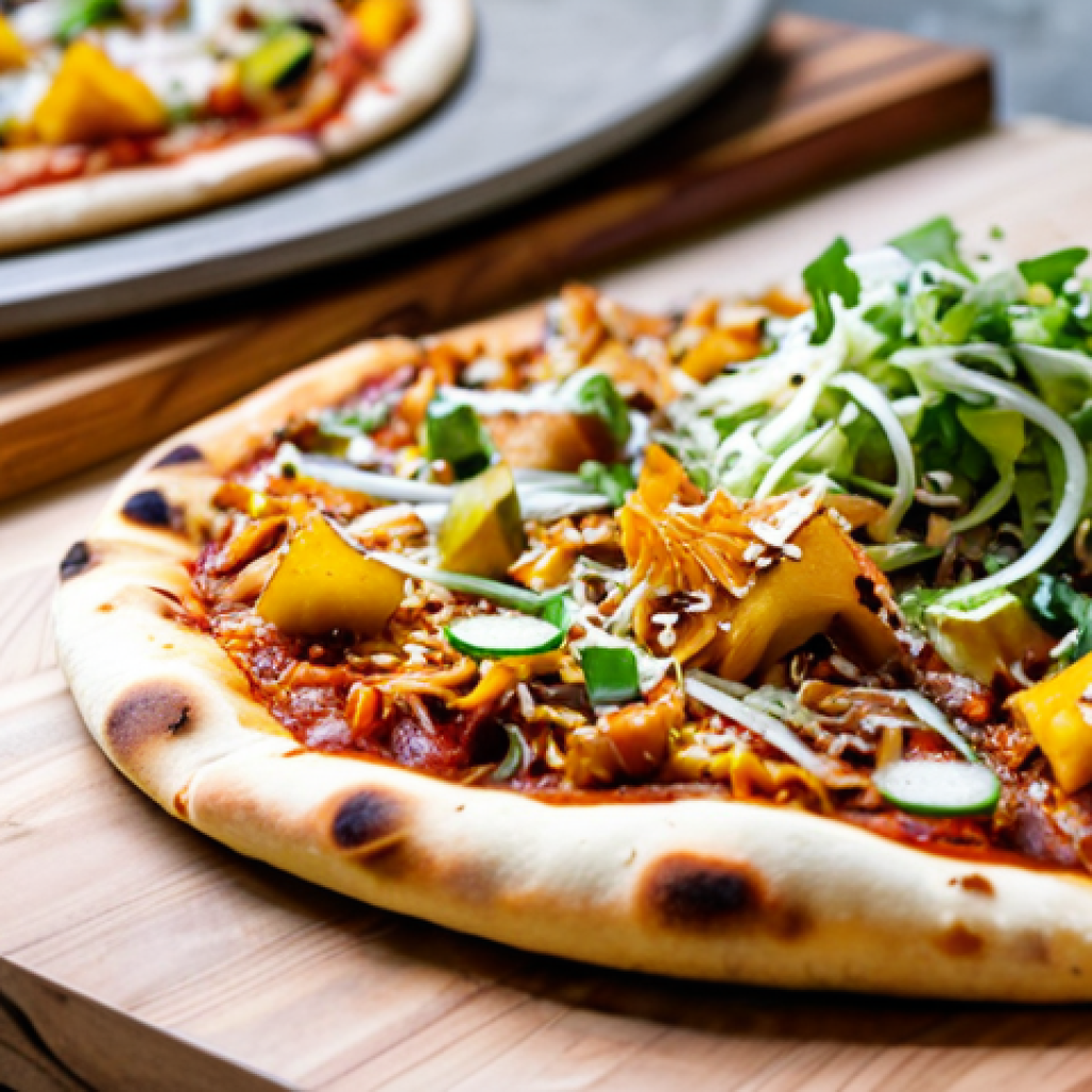 Korean BBQ Jackfruit Vegan Pizza**
"A vibrant, appetizing Korean BBQ jackfruit vegan pizza on a wooden pizza peel. Topped with shredded jackfruit, kimchi slaw, scallions, and sesame seeds. The crust is golden brown and slightly charred. In the background, a bustling, modern kitchen with stainless steel appliances. Focus on the pizza's textures and colors. Safe for work, appropriate content, fully clothed, professional food photography, perfect anatomy (of the pizza), natural proportions, high quality, family-friendly."
**