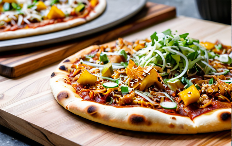 Korean BBQ Jackfruit Vegan Pizza**

"A vibrant, appetizing Korean BBQ jackfruit vegan pizza on a wooden pizza peel. Topped with shredded jackfruit, kimchi slaw, scallions, and sesame seeds. The crust is golden brown and slightly charred. In the background, a bustling, modern kitchen with stainless steel appliances. Focus on the pizza's textures and colors. Safe for work, appropriate content, fully clothed, professional food photography, perfect anatomy (of the pizza), natural proportions, high quality, family-friendly."

**