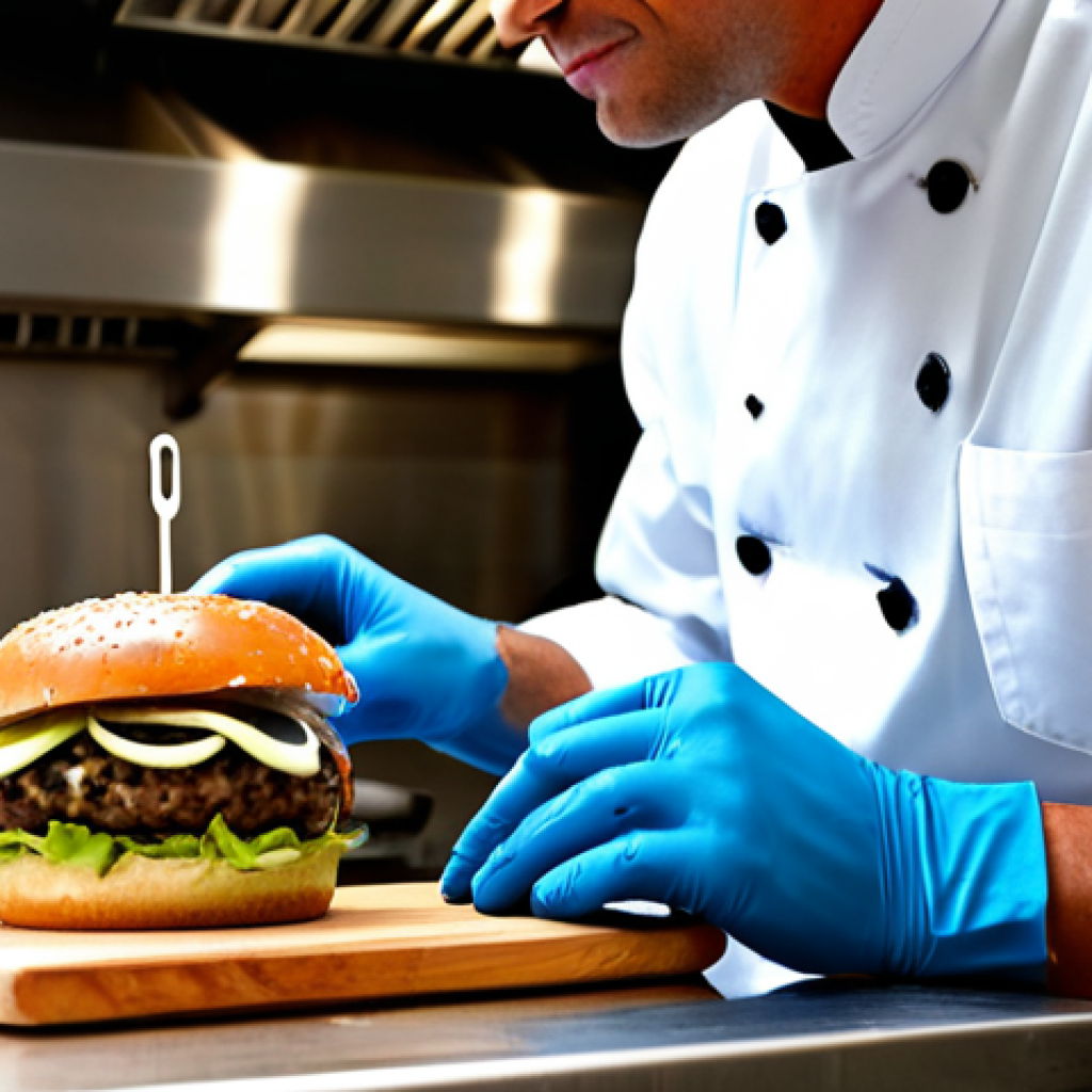 Gourmet Burger Creation**

A chef in a clean, professional kitchen, carefully layering ingredients onto a gourmet burger. Focus on vibrant colors of toppings: ripe tomatoes, crisp lettuce, a smear of chipotle mayo. The chef is fully clothed in a chef's uniform, appropriate attire. Background shows organized stainless steel surfaces and culinary tools. Perfect anatomy, correct proportions, natural pose, well-formed hands, proper finger count. Safe for work, appropriate content, fully clothed, professional, family-friendly.

**