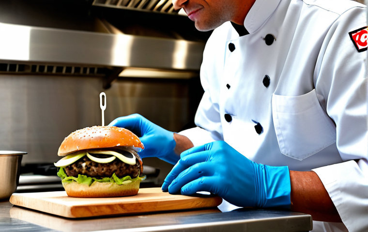 Gourmet Burger Creation**

A chef in a clean, professional kitchen, carefully layering ingredients onto a gourmet burger. Focus on vibrant colors of toppings: ripe tomatoes, crisp lettuce, a smear of chipotle mayo. The chef is fully clothed in a chef's uniform, appropriate attire. Background shows organized stainless steel surfaces and culinary tools. Perfect anatomy, correct proportions, natural pose, well-formed hands, proper finger count. Safe for work, appropriate content, fully clothed, professional, family-friendly.

**