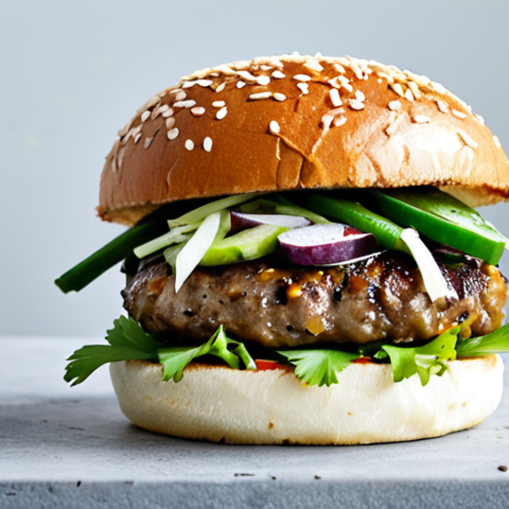 **Image Prompt:** "A vibrant low-sodium fusion burger on a sesame seed bun, topped with sauteed shiitake mushrooms and a lime-cilantro slaw, fully clothed, safe for work, appropriate content, professional food photography, perfect anatomy (of the burger components), natural proportions, high quality, well-formed burger layers, professional, modest."