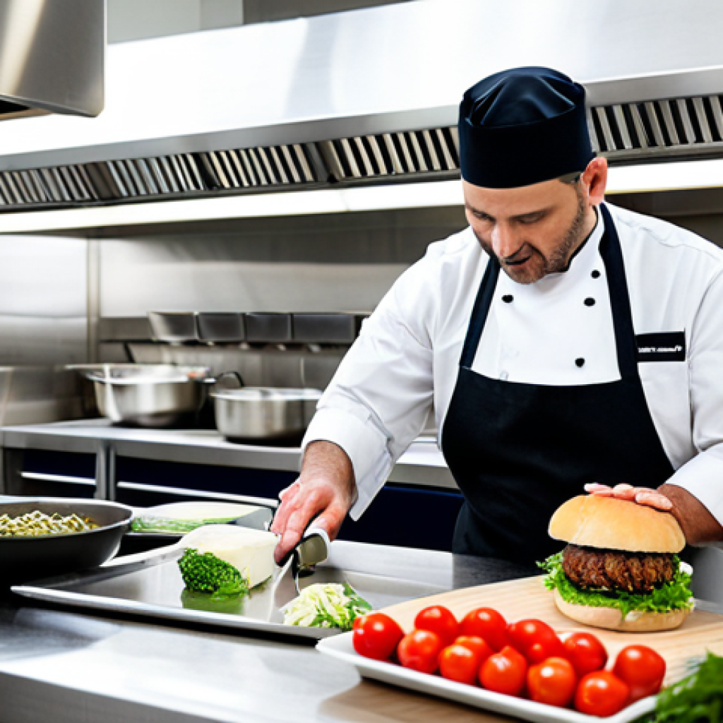 "A chef meticulously preparing ingredients (mise en place) for gourmet fusion burgers on a stainless steel kitchen counter, fully clothed, appropriate content, safe for work, perfect anatomy, correct proportions, professional kitchen setting, well-lit, high-resolution, professional food photography, modest clothing, family-friendly."