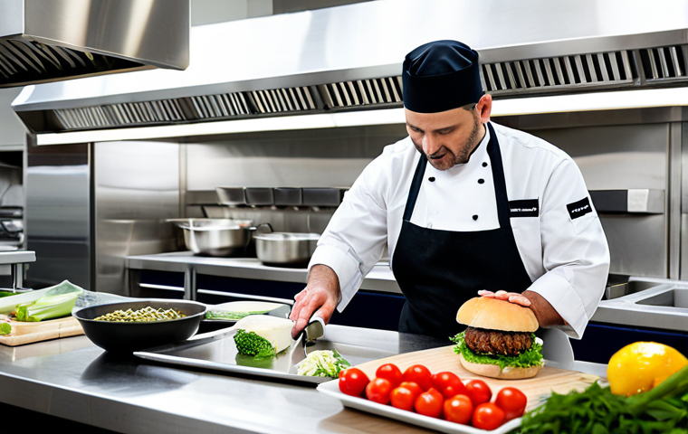 "A chef meticulously preparing ingredients (mise en place) for gourmet fusion burgers on a stainless steel kitchen counter, fully clothed, appropriate content, safe for work, perfect anatomy, correct proportions, professional kitchen setting, well-lit, high-resolution, professional food photography, modest clothing, family-friendly."