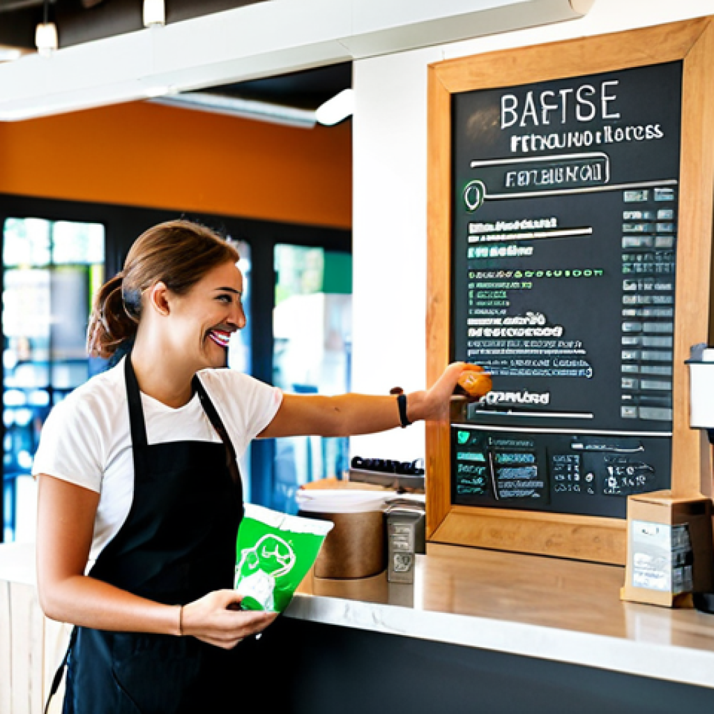 퓨전 패스트푸드 재활용 가능 제품 - Reusable Utensil Program**
"A brightly lit, modern fast-casual restaurant interior. A friendly bari...