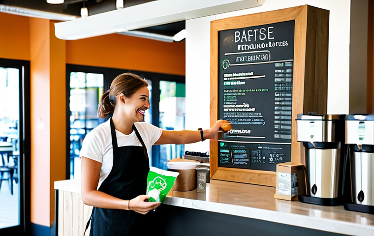 퓨전 패스트푸드 재활용 가능 제품 - Reusable Utensil Program**
"A brightly lit, modern fast-casual restaurant interior. A friendly bari...