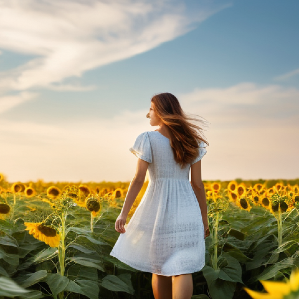 퓨전 샌드위치 브랜드별 영양 분석 - A serene young woman, in her early twenties, with long, flowing brown hair, is standing in a vast, s...