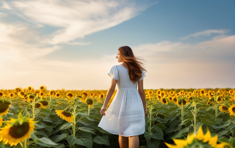 퓨전 샌드위치 브랜드별 영양 분석 - A serene young woman, in her early twenties, with long, flowing brown hair, is standing in a vast, s...