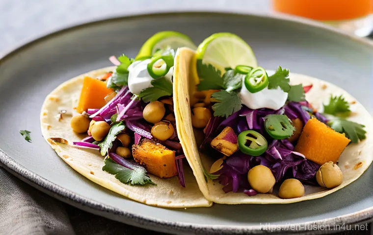 퓨전 타코의 크런치 옵션 - **"The Golden Crunch Fiesta"**
    A vibrant, close-up, and brightly lit image of two artisan tacos....