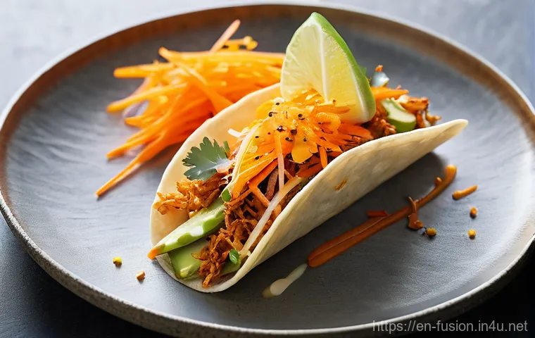 퓨전 타코의 크런치 옵션 - **"The Golden Crunch Fiesta"**
    A vibrant, close-up, and brightly lit image of two artisan tacos....