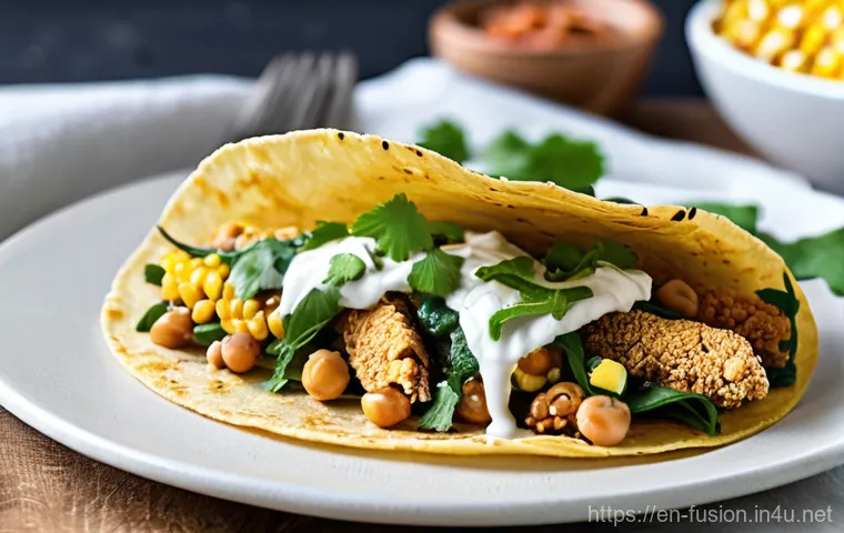 퓨전 타코의 크런치 옵션 - **"Asian-Inspired Crispy Fusion"**
    A visually captivating, high-angle shot of a single, elegantl...