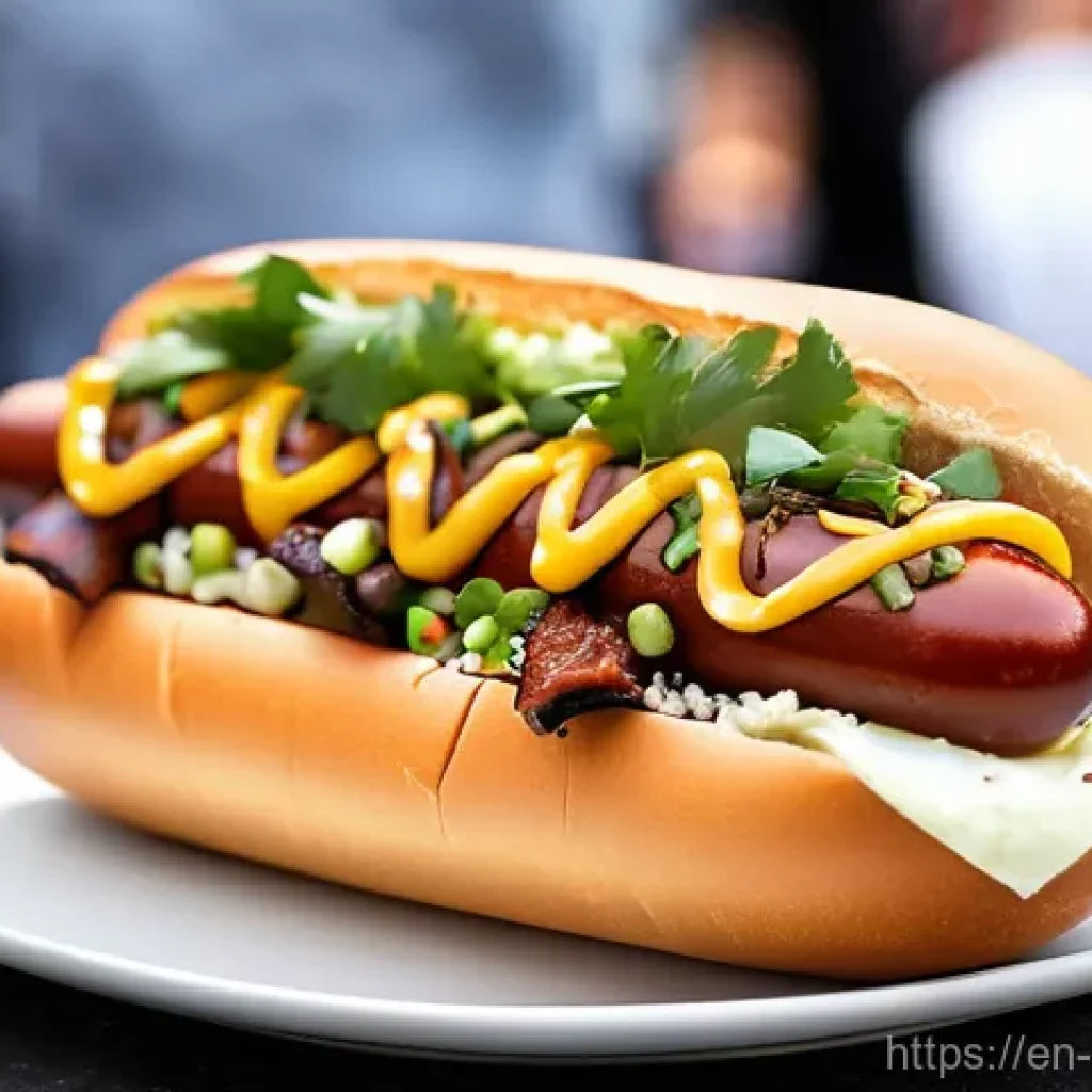 퓨전 핫도그 고급형 제품 - **Vibrant Korean BBQ Fusion Hot Dog at a Bustling Food Festival:** A mouth-watering close-up of a go...