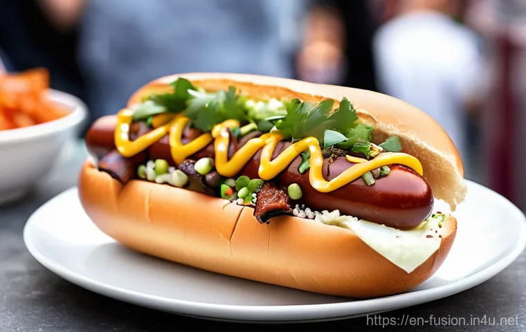 퓨전 핫도그 고급형 제품 - **Vibrant Korean BBQ Fusion Hot Dog at a Bustling Food Festival:** A mouth-watering close-up of a go...