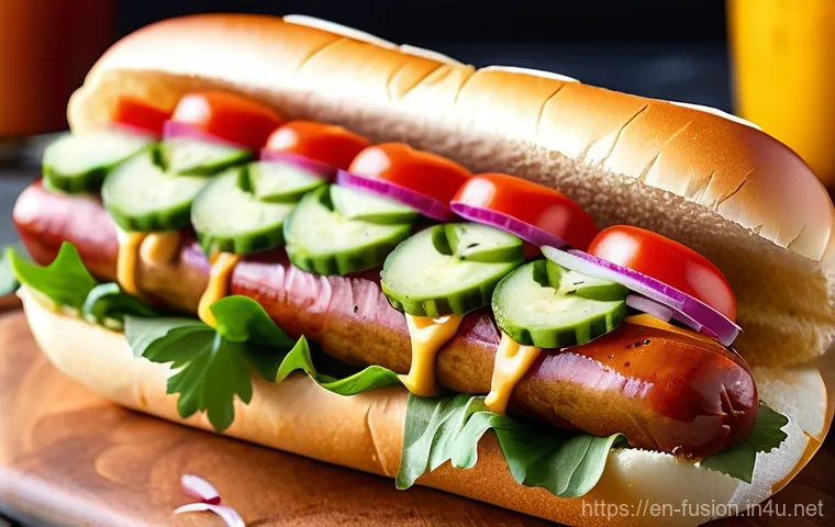 퓨전 핫도그 고급형 제품 - **Vibrant Korean BBQ Fusion Hot Dog at a Bustling Food Festival:** A mouth-watering close-up of a go...