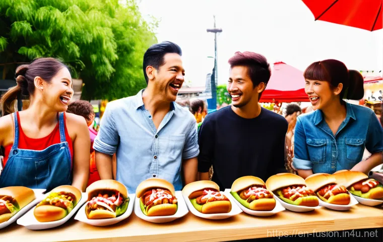 퓨전 핫도그 고급형 제품 - **Vibrant Korean BBQ Fusion Hot Dog at a Bustling Food Festival:** A mouth-watering close-up of a go...