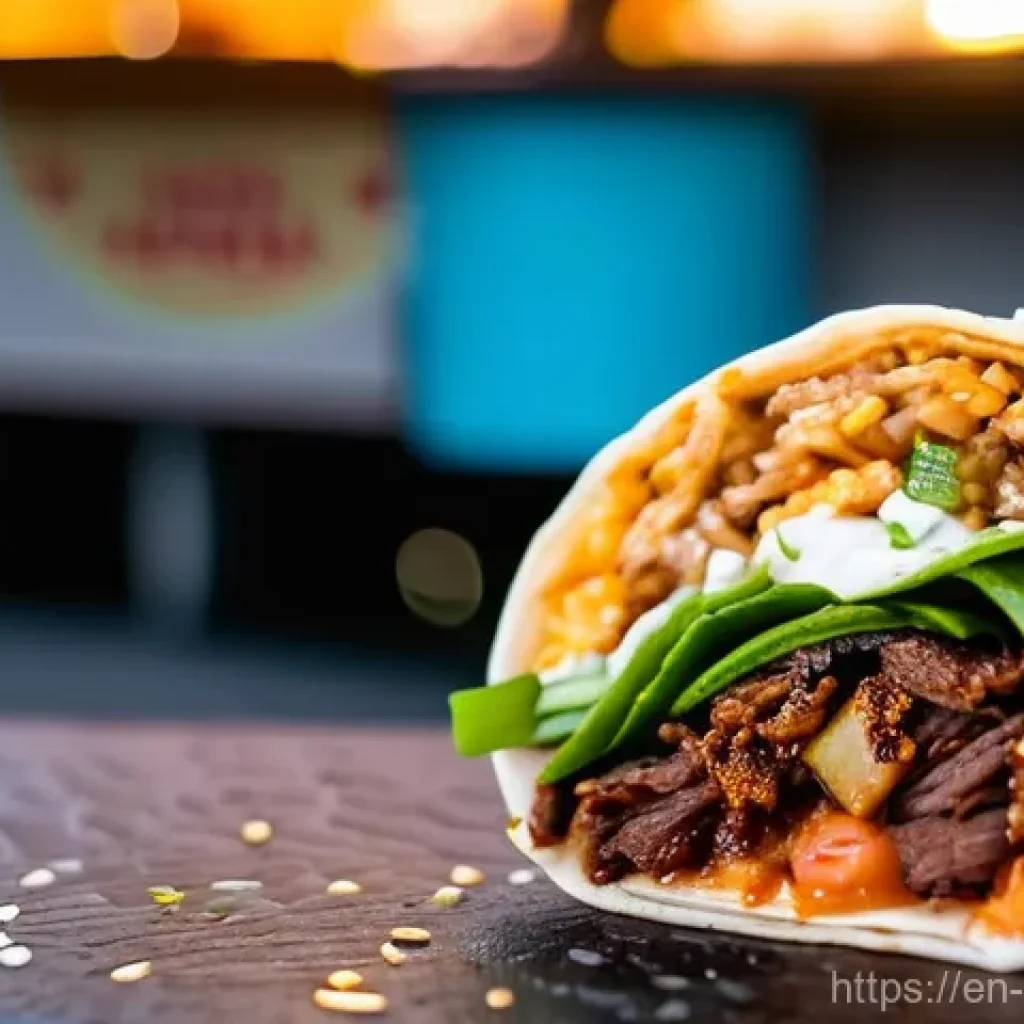 퓨전 패스트푸드 신제품 맛보기 - **Korean BBQ Burrito in a Bustling Food Truck Park**
    A close-up, mouth-watering shot of a vibran...