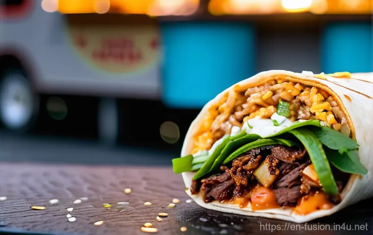 퓨전 패스트푸드 신제품 맛보기 - **Korean BBQ Burrito in a Bustling Food Truck Park**
    A close-up, mouth-watering shot of a vibran...
