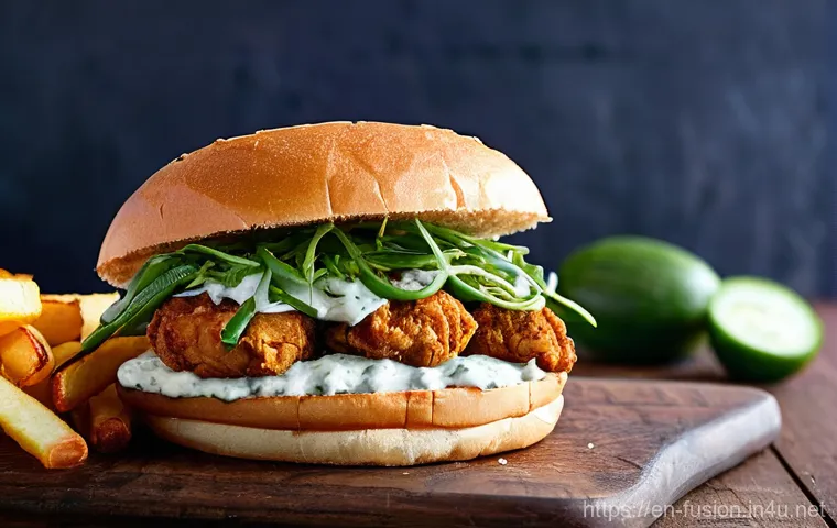 퓨전 패스트푸드 신제품 맛보기 - **Korean BBQ Burrito in a Bustling Food Truck Park**
    A close-up, mouth-watering shot of a vibran...