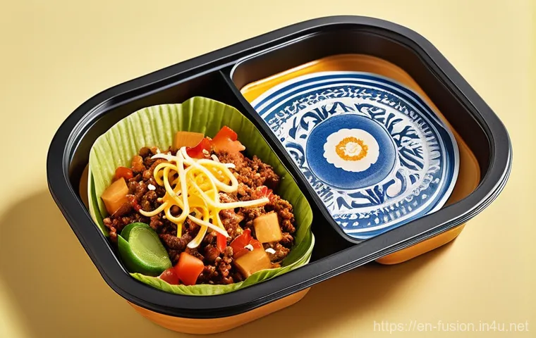 퓨전 패스트푸드의 포장재 혁신 - **Prompt 1: Eco-Chic Fusion Packaging with Natural Vibe**
"A vibrant, eye-level shot of an intri...