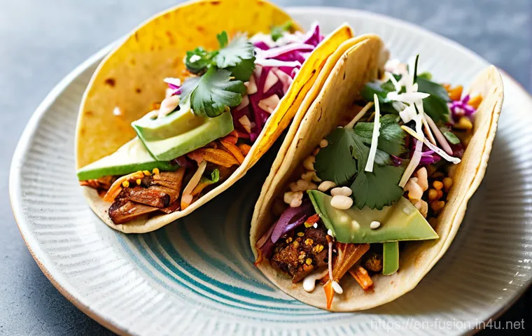 퓨전 타코 DIY 패키지 - **"Culinary Adventure Unboxed"**
    A high-angle, close-up shot on a clean, modern kitchen counter....