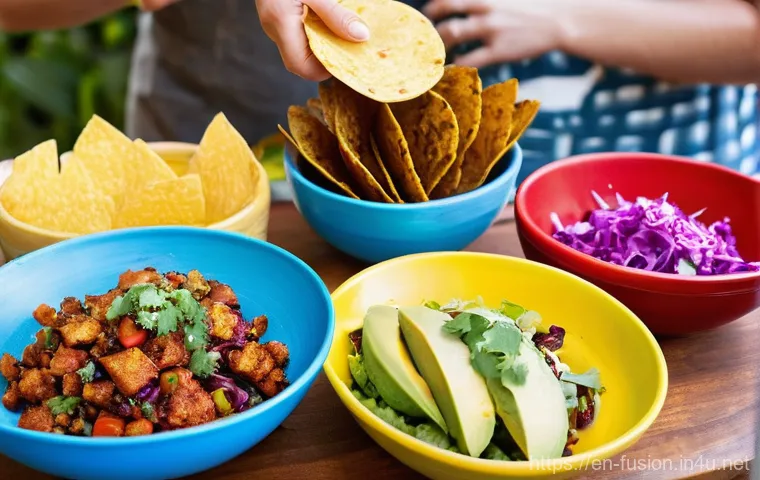 퓨전 타코 DIY 패키지 - **"The Perfect Fusion Taco"**
    A perfectly composed, appetizing close-up of a single, hand-held f...