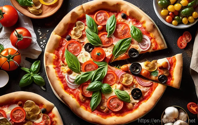 퓨전 피자의 밀가루 대체재 - Here are three detailed image generation prompts in English, focusing on diverse and creative pizza ...