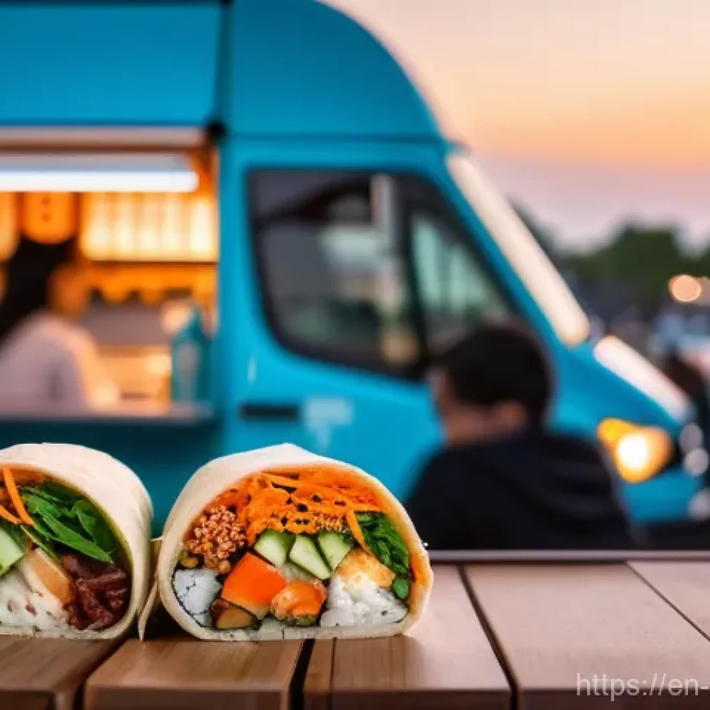 퓨전 패스트푸드 제조사 정보 - **A Vibrant Urban Food Truck Scene at Sunset:**
A bustling evening scene featuring a modern, bri...