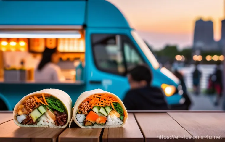퓨전 패스트푸드 제조사 정보 - **A Vibrant Urban Food Truck Scene at Sunset:**
A bustling evening scene featuring a modern, bri...