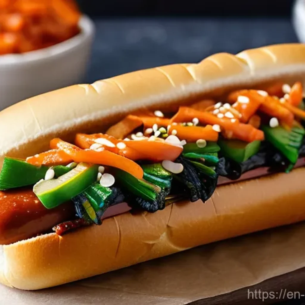 퓨전 핫도그 스낵팩 비교 - **Korean BBQ Kimchi Hot Dog Snack Pack**
    A mouth-watering close-up of a gourmet Korean BBQ hot d...