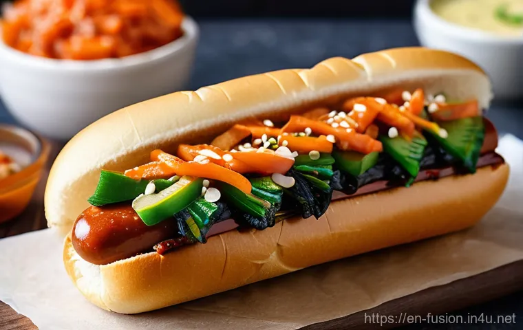퓨전 핫도그 스낵팩 비교 - **Korean BBQ Kimchi Hot Dog Snack Pack**
A mouth-watering close-up of a gourmet Korean BBQ hot d...