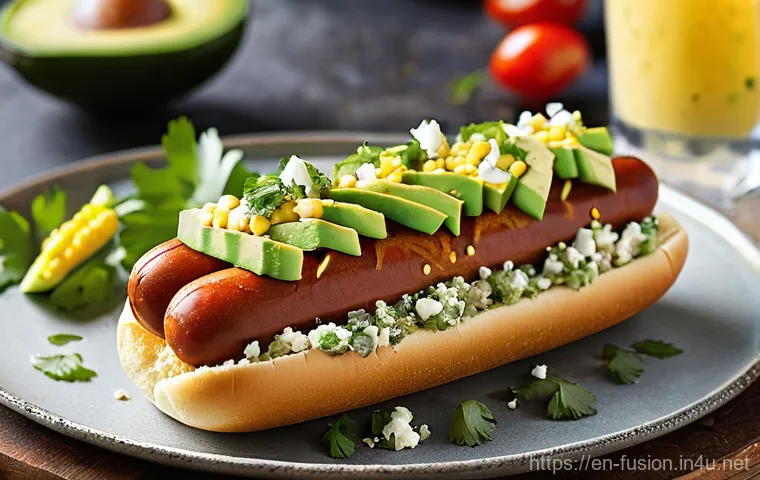 퓨전 핫도그 스낵팩 비교 - **Korean BBQ Kimchi Hot Dog Snack Pack**
    A mouth-watering close-up of a gourmet Korean BBQ hot d...