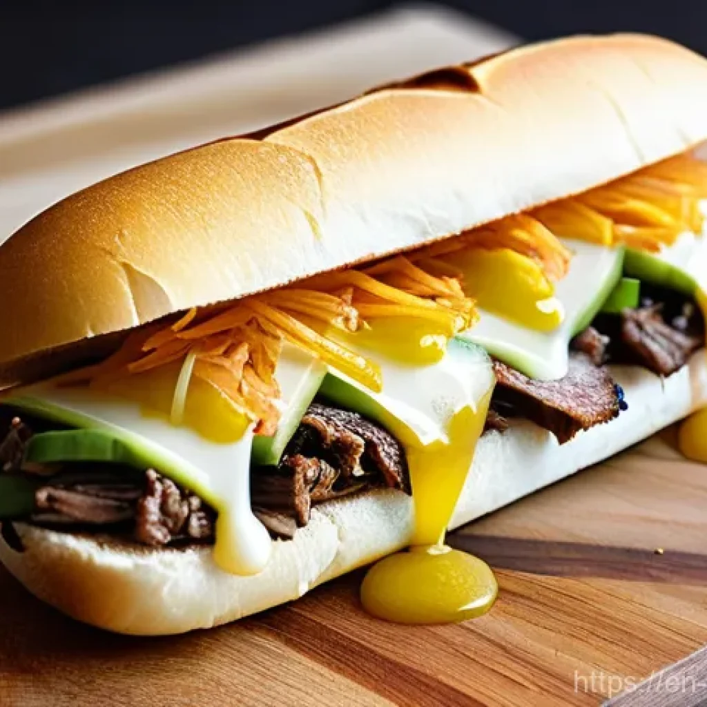 퓨전 샌드위치와 음료 페어링 - **Gourmet Korean BBQ Bulgogi Cheesesteak with Yuzu Lemonade:**
A visually stunning, high-definit...