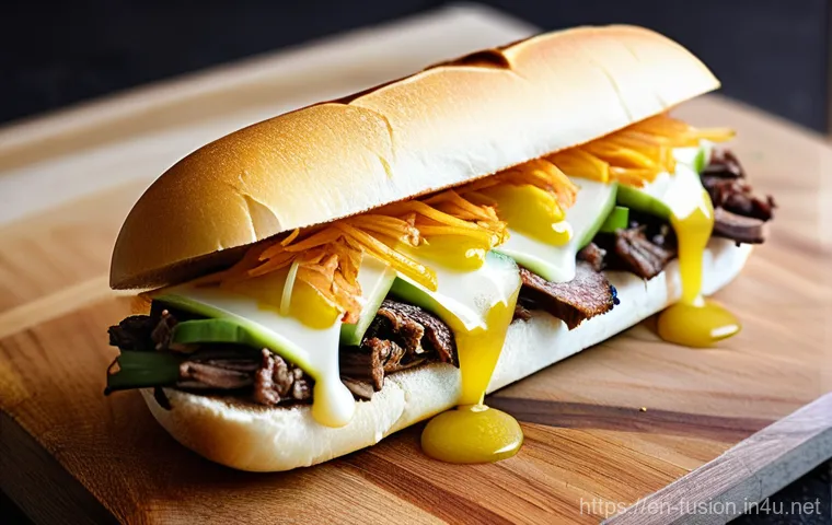 퓨전 샌드위치와 음료 페어링 - **Gourmet Korean BBQ Bulgogi Cheesesteak with Yuzu Lemonade:**
A visually stunning, high-definit...