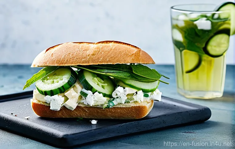 퓨전 샌드위치와 음료 페어링 - **Spicy Indian Chicken Tikka Masala Grilled Cheese with Iced Chai:**
    A close-up, appetizing imag...