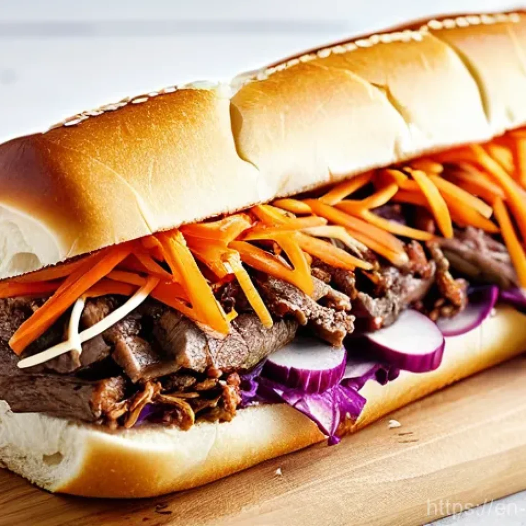 퓨전 샌드위치의 다양한 조합 - **Korean BBQ Bulgogi Hoagie:** A hyper-realistic, mouth-watering close-up of a perfectly constructed...