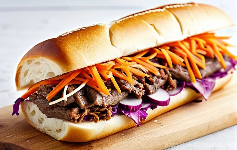 퓨전 샌드위치의 다양한 조합 - **Korean BBQ Bulgogi Hoagie:** A hyper-realistic, mouth-watering close-up of a perfectly constructed...